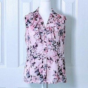 TAHARI ASL Women's Sleeveless Ruffle Accent Blouse Top Size S Pink Print